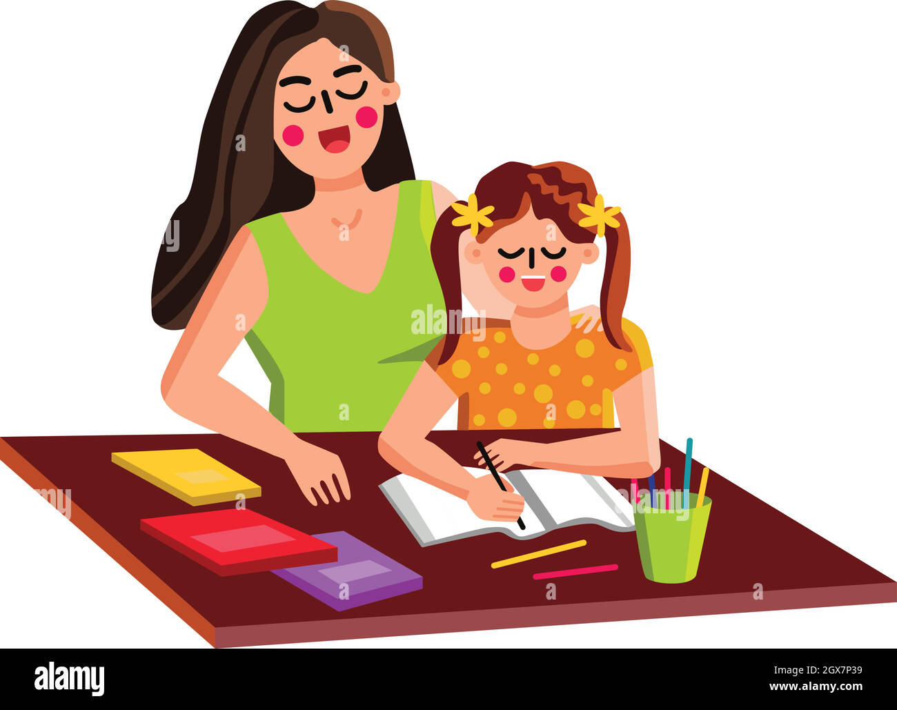 Mother Helping Daughter Kid With Homework Vector Stock Vector