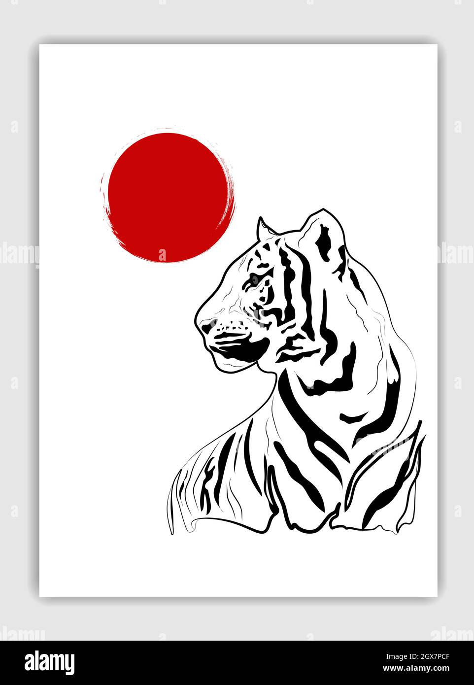 Mens T-Shirt Japanese Pattern Embroidery Crouching Tiger Black White Red