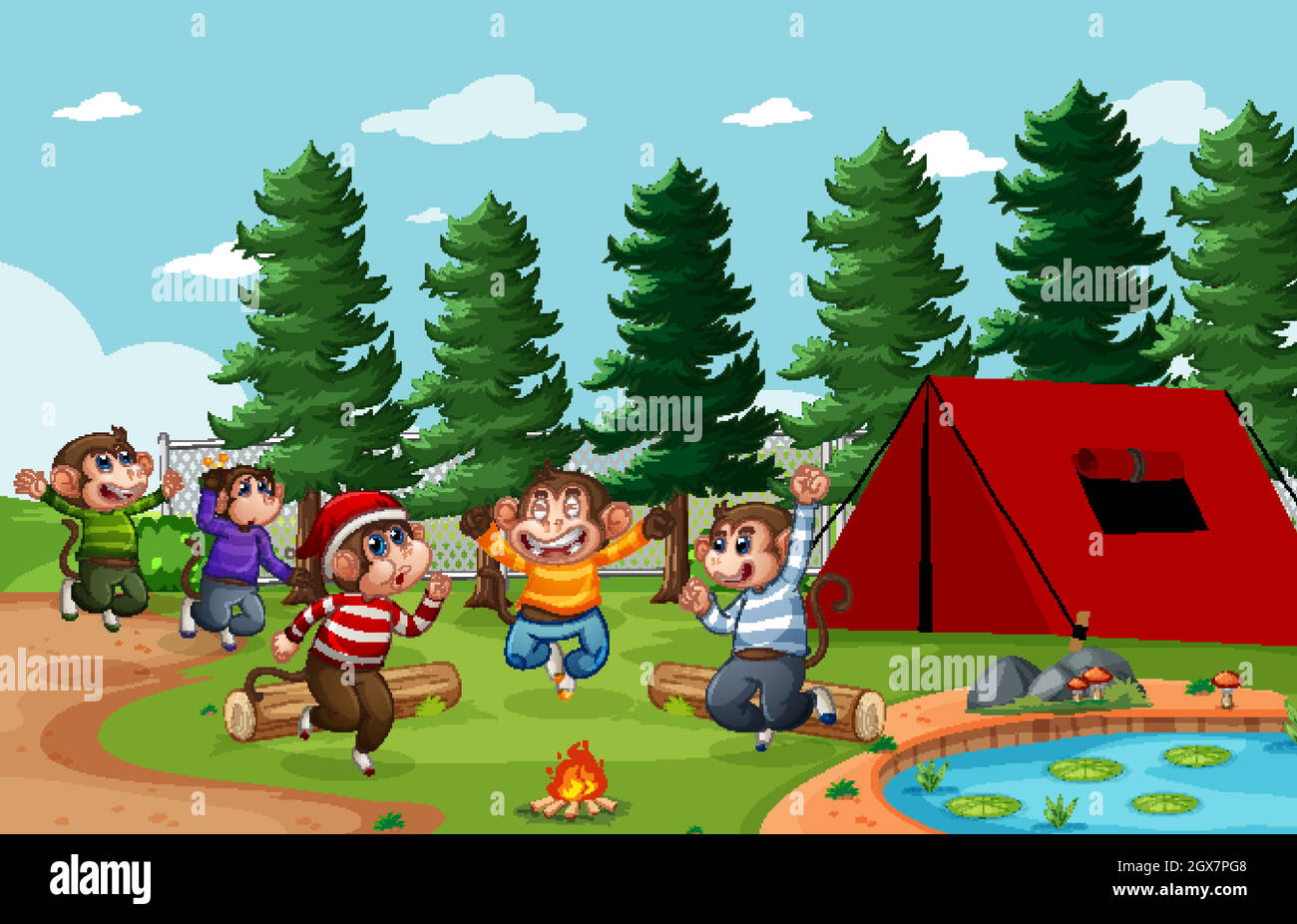 Five little monkey jumping in the park scene Stock Vector