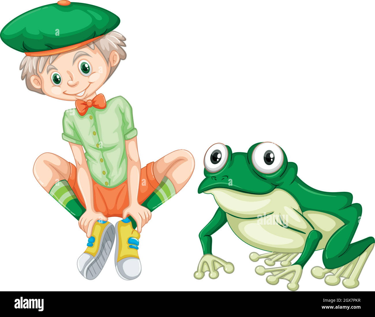 Cute boy and green frog Stock Vector