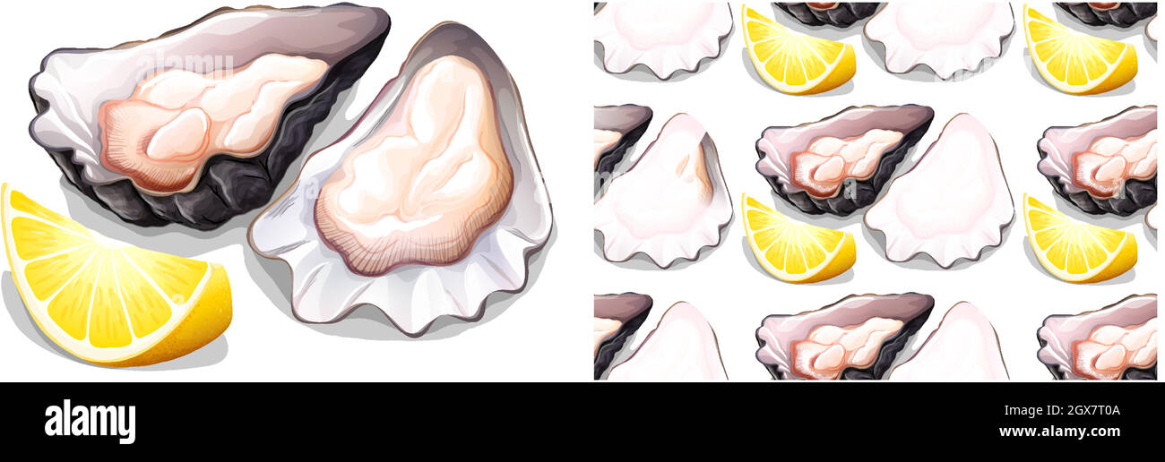 Seamless oysten and lemon on white Stock Vector