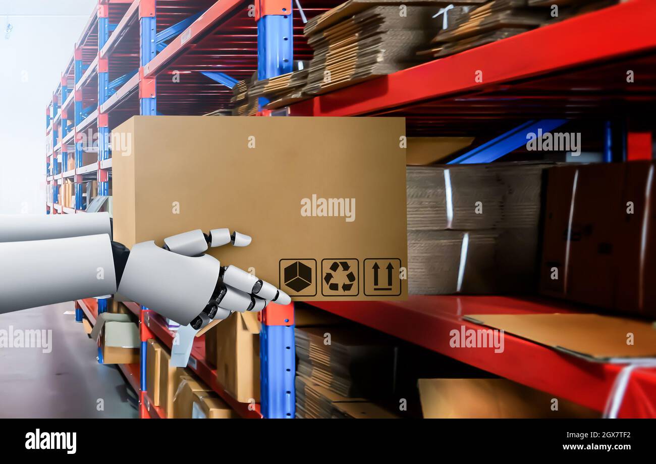 Innovative industry robot working in warehouse for human labor replacement . Concept of artificial intelligence for industrial revolution and Stock Photo