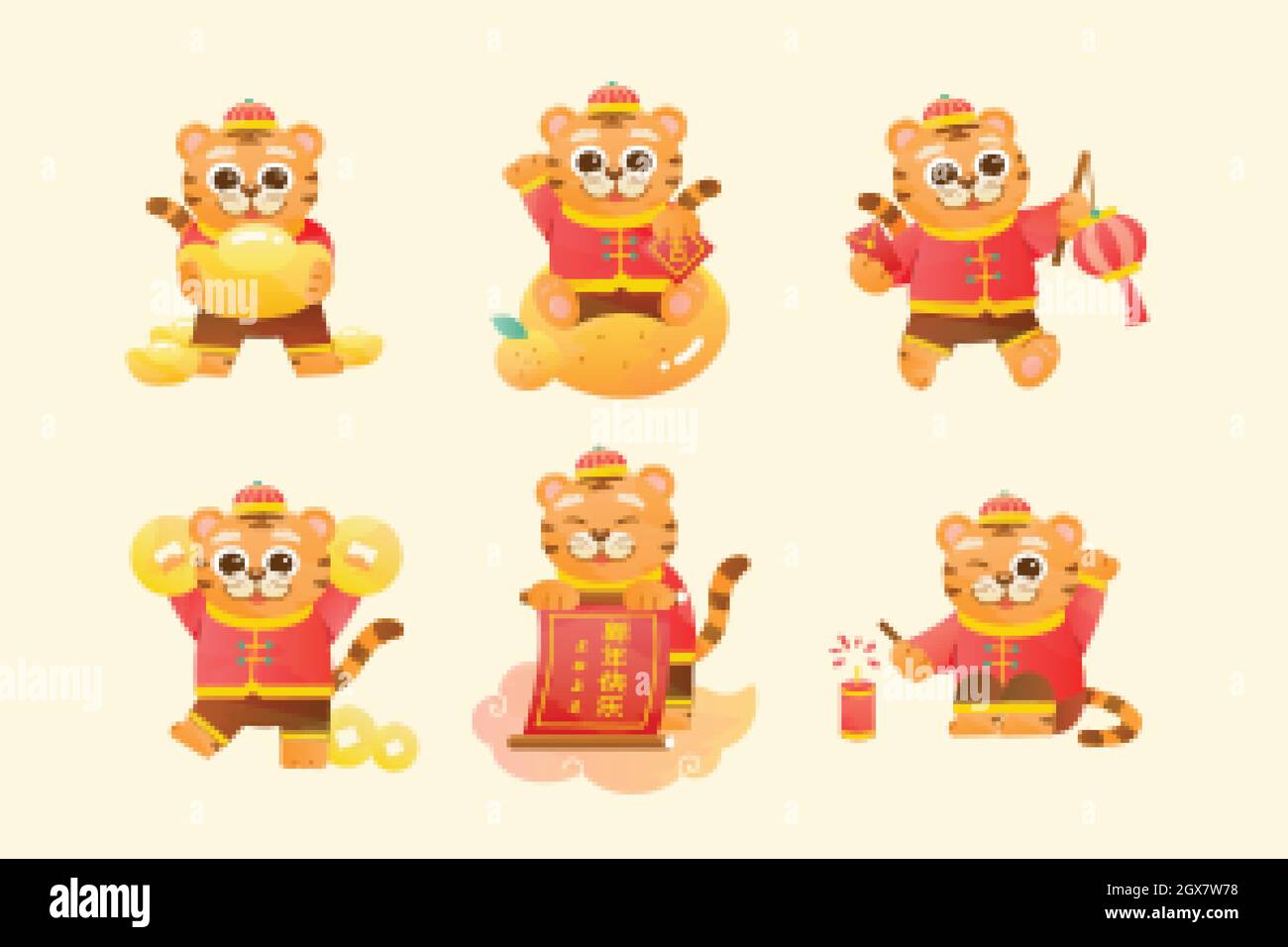 Tiger character design set for CNY. One of the tigers holding couplets with  Luck written on it and the other taking a Happy New Year paper scroll as g  Stock Vector Image