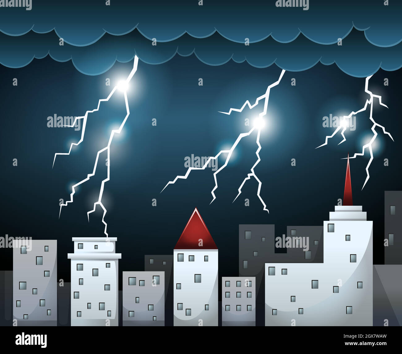 Thunderstorm and dark clouds over city Stock Vector
