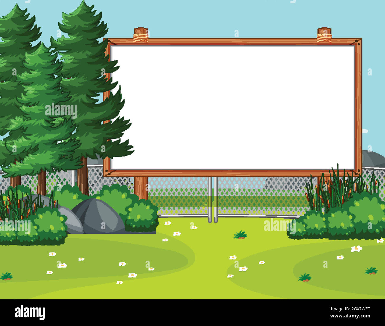 Blank wooden frame in nature park scene with pines Stock Vector