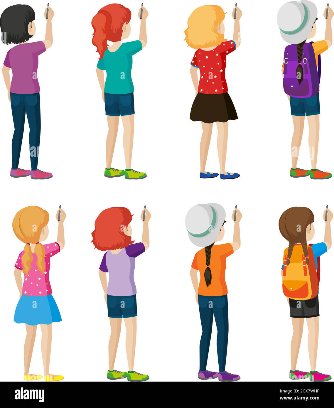 Backview of the young girls writing Stock Vector