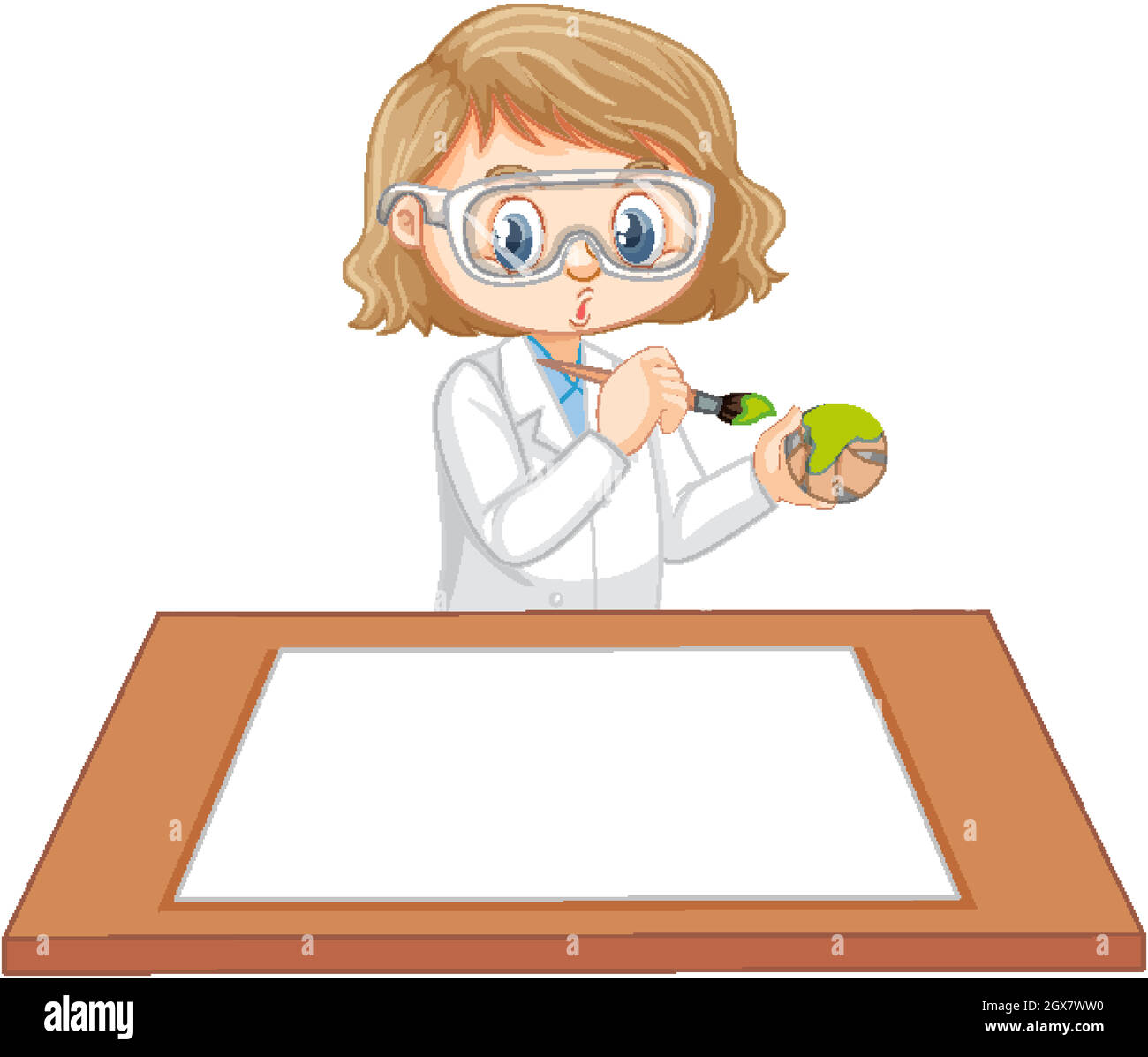 Cute girl wearing scientist uniform with blank paper on the table Stock Vector