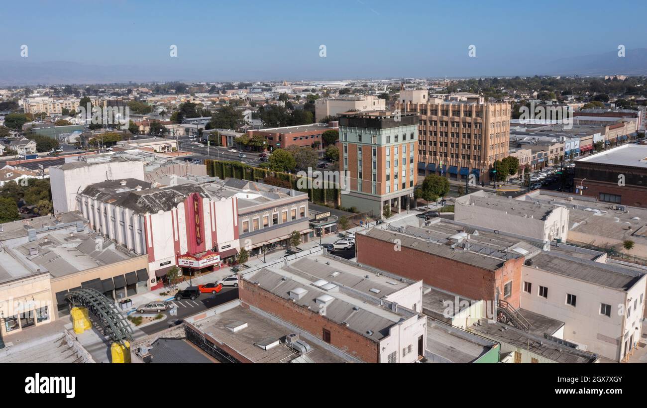 Salinas, California, USA - July 23, 2021: Afternoon sunlight shines on the historic city center during a break in the fog. Stock Photo