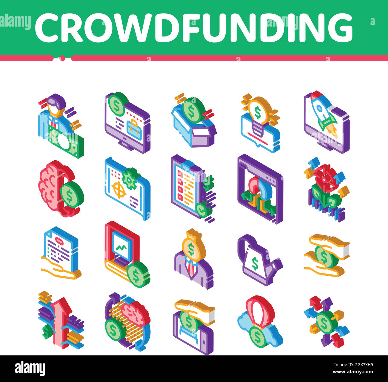 Crowdfunding Business Isometric Icons Set Vector Stock Vector Image ...
