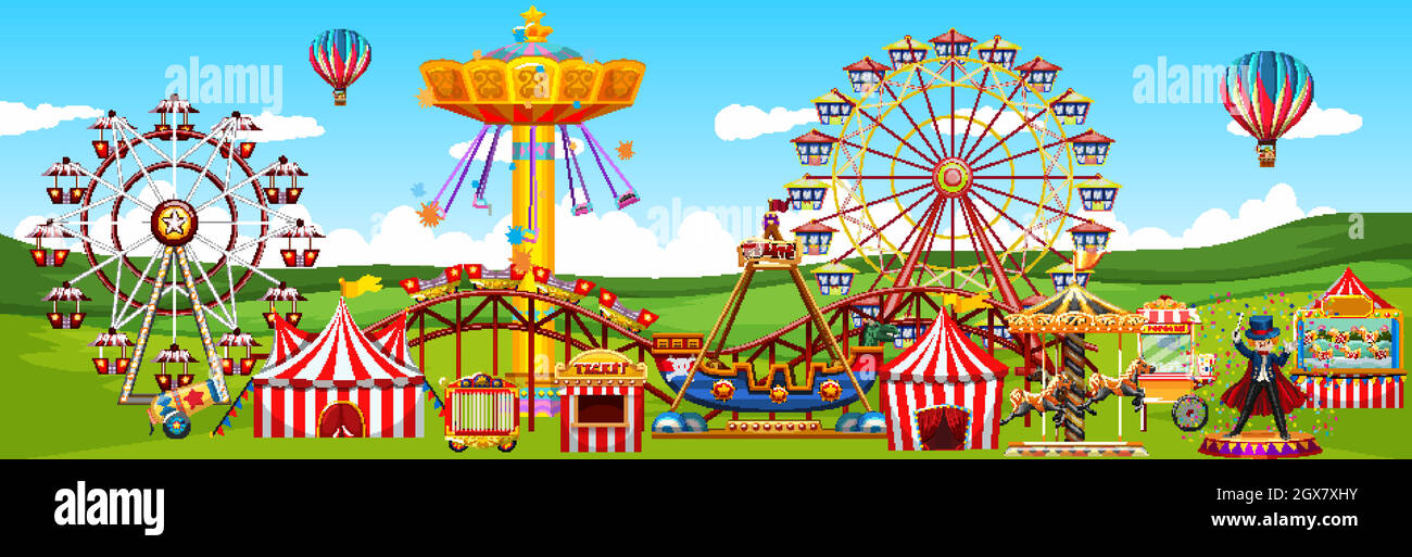 Theme amusement park landscape scene panorama view cartoon style Stock ...