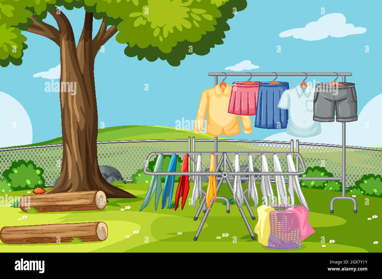Clothes hanging on line in the yard Stock Vector