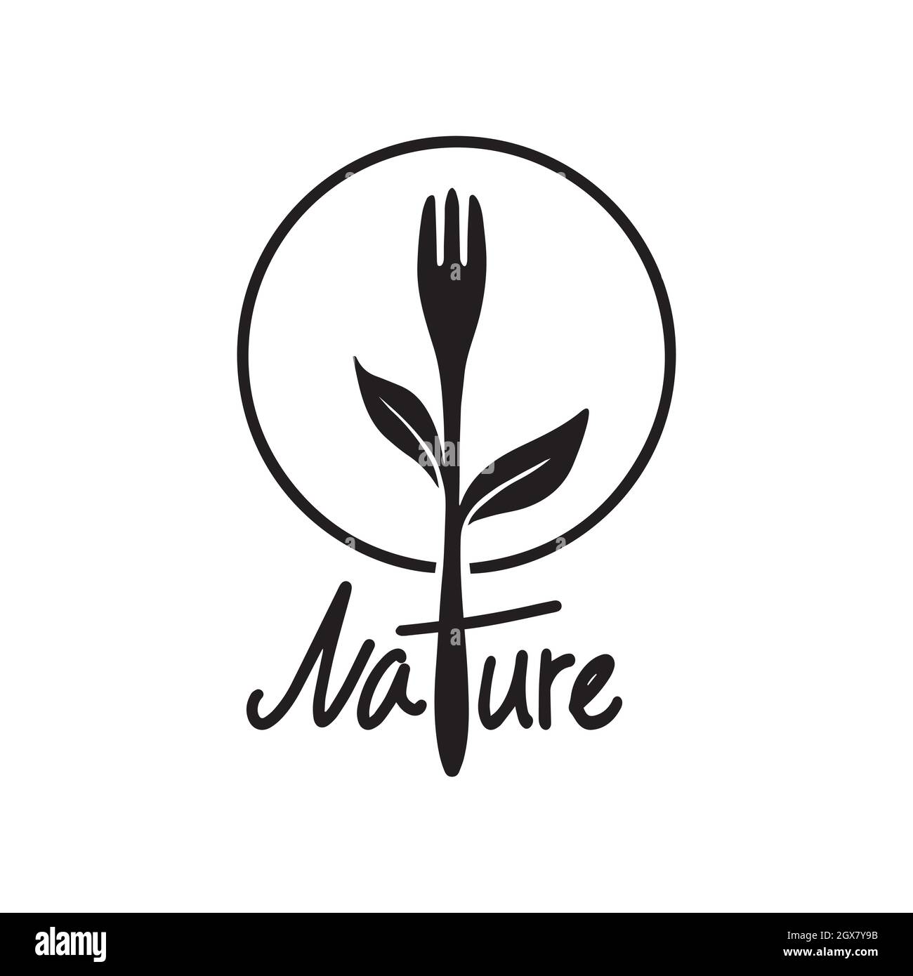 healthy food logo fork and plant silhouette. natural food symbol vector design Stock Vector