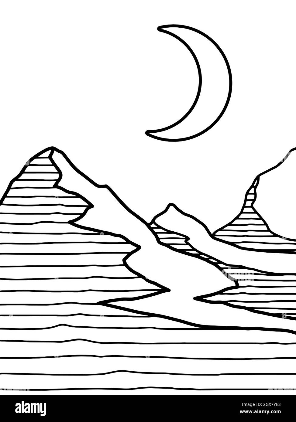 Mountain and moon line art in white background Stock Vector