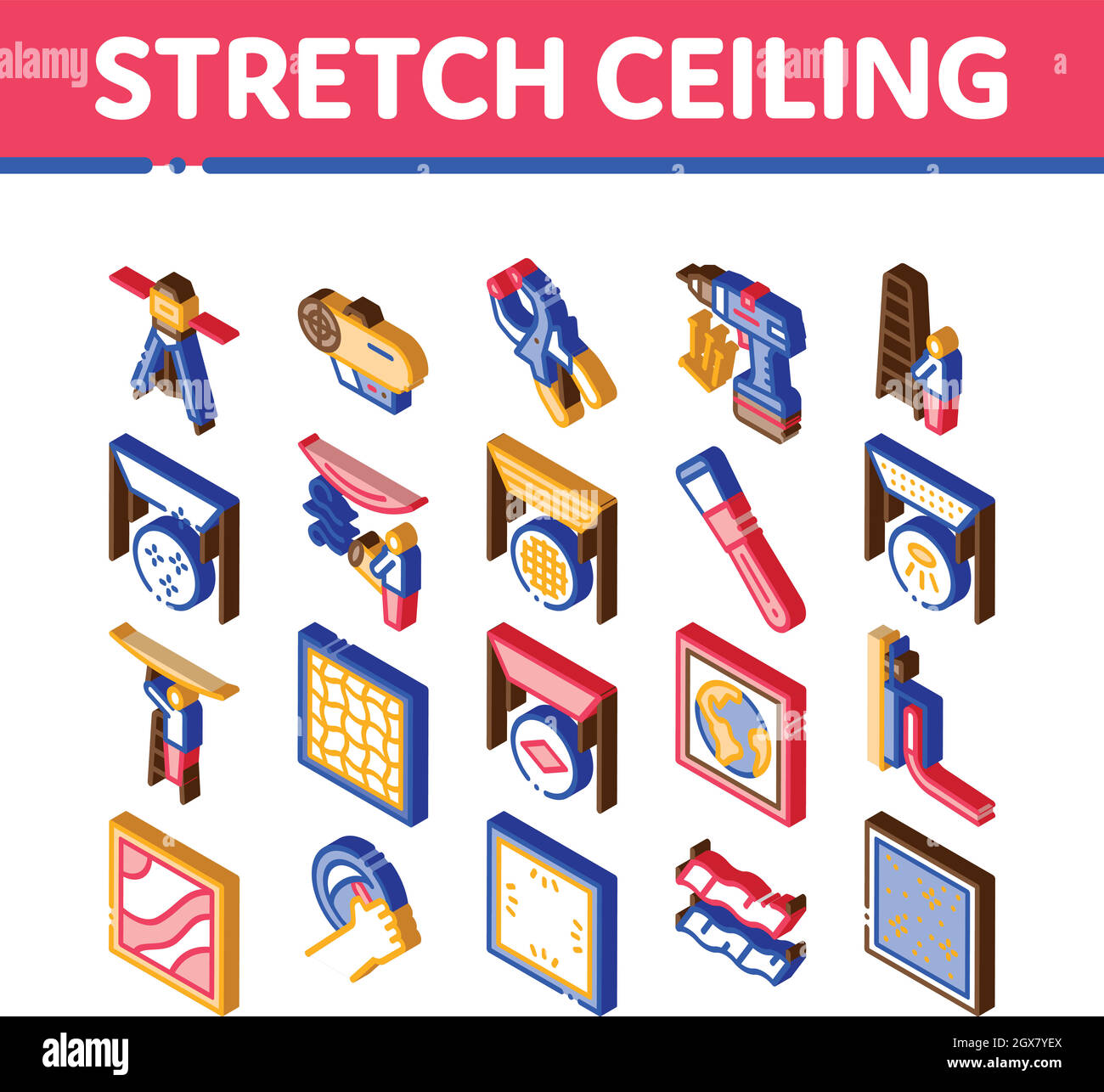 Stretch Ceiling Tile Isometric Icons Set Vector Stock Vector