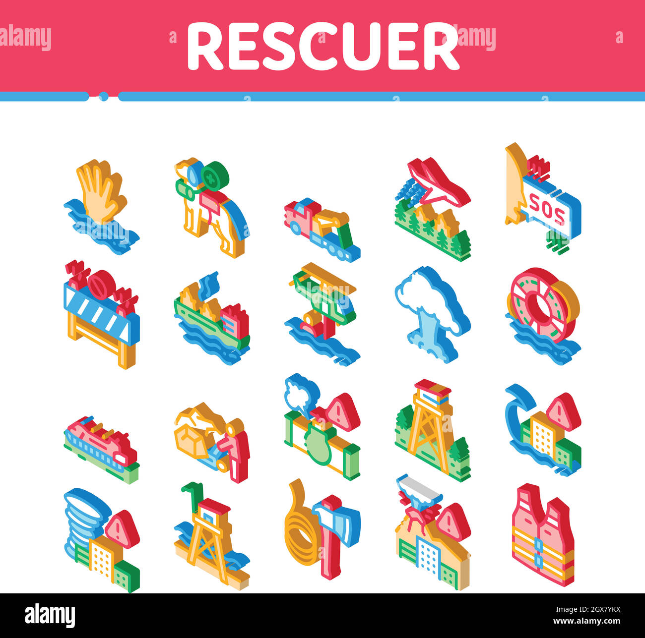 Rescuer Equipment Isometric Icons Set Vector Stock Vector