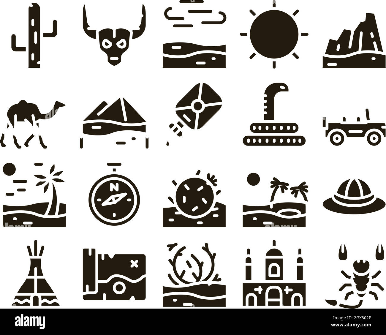 Desert Sandy Landscape Glyph Set Vector Stock Vector