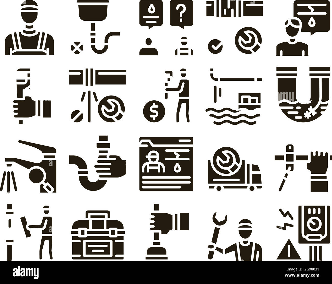 Plumber Profession Glyph Set Vector Stock Vector