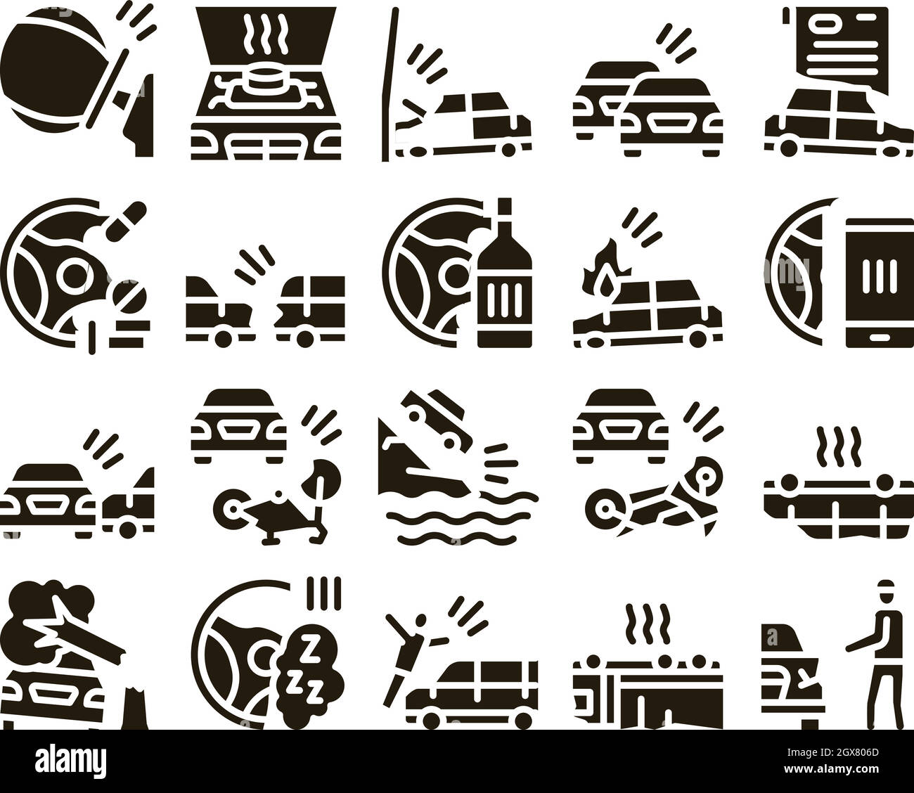 Car Crash Accident Glyph Set Vector Stock Vector