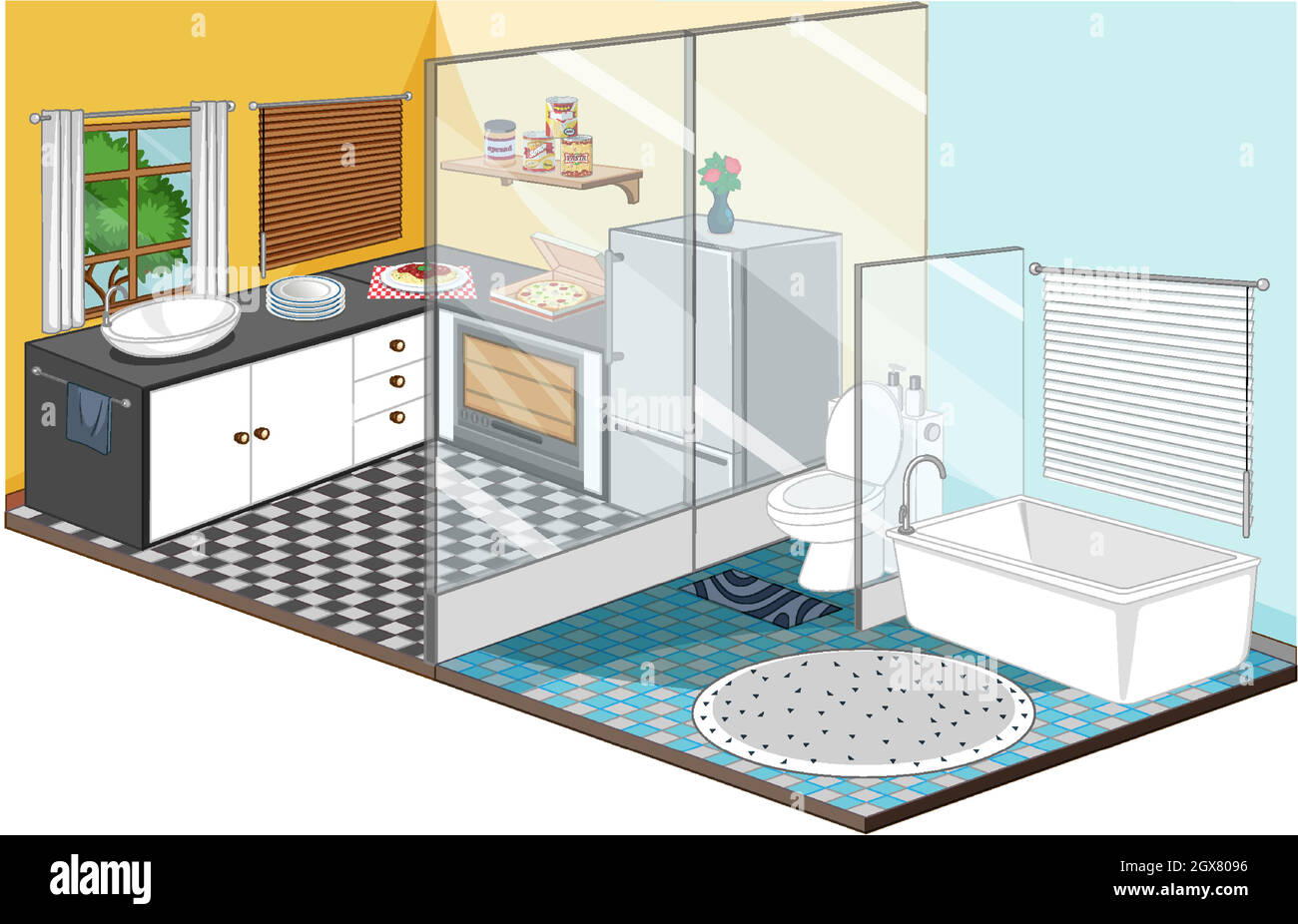 Dining room with bathroom interior Stock Vector