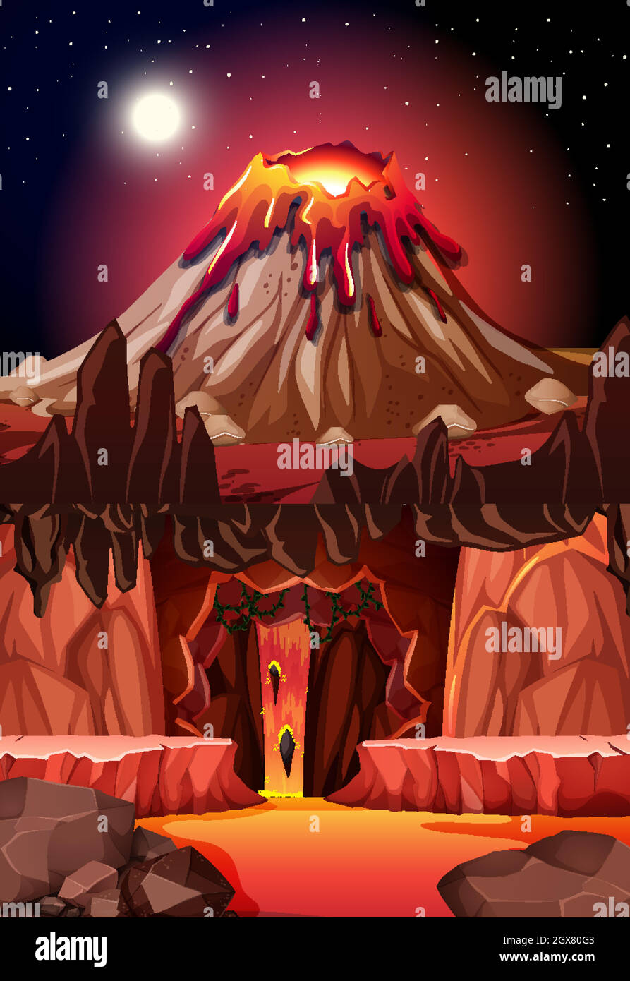 Infernal dark cave with lava scene Stock Vector
