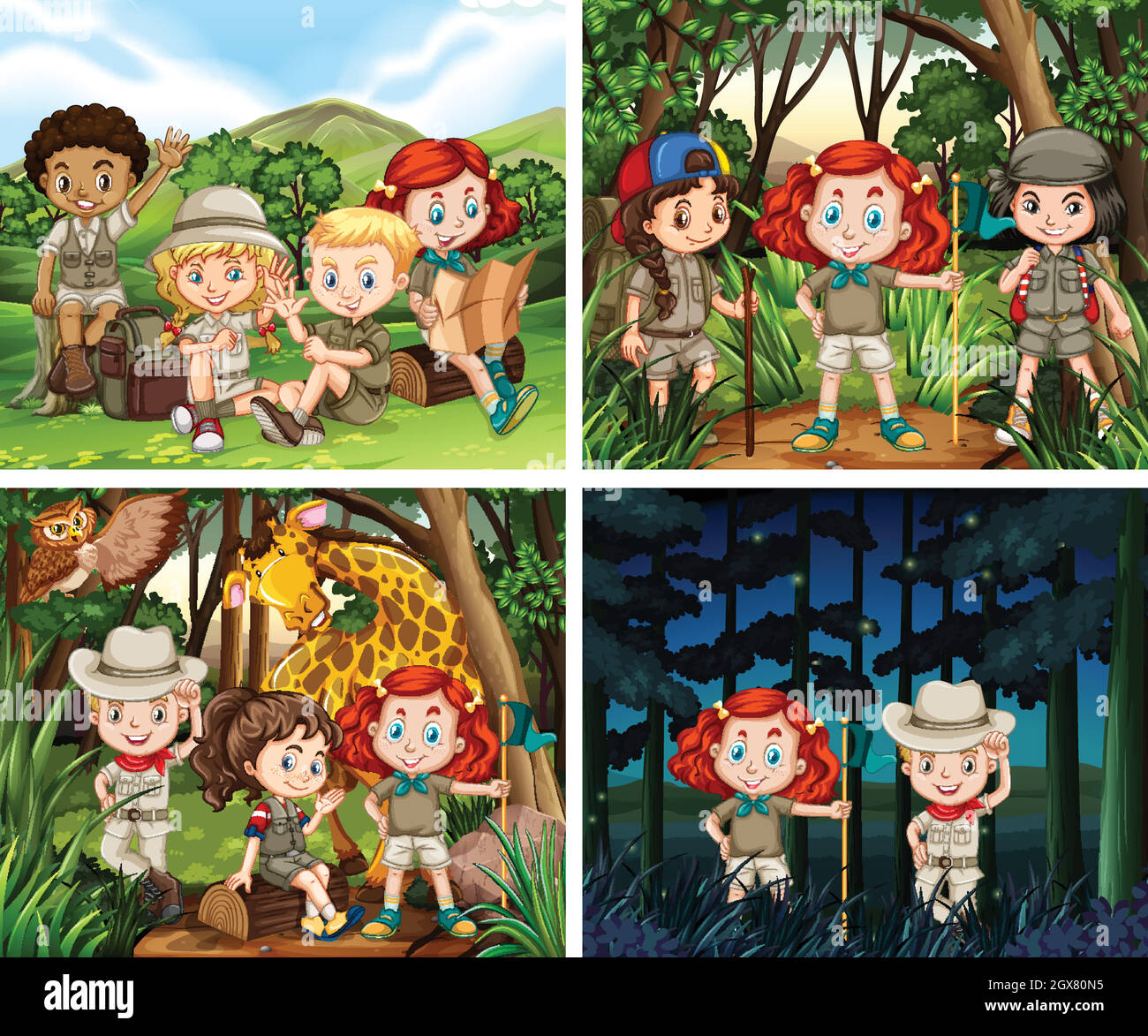 Four scenes of children camping in the woods Stock Vector Image & Art ...