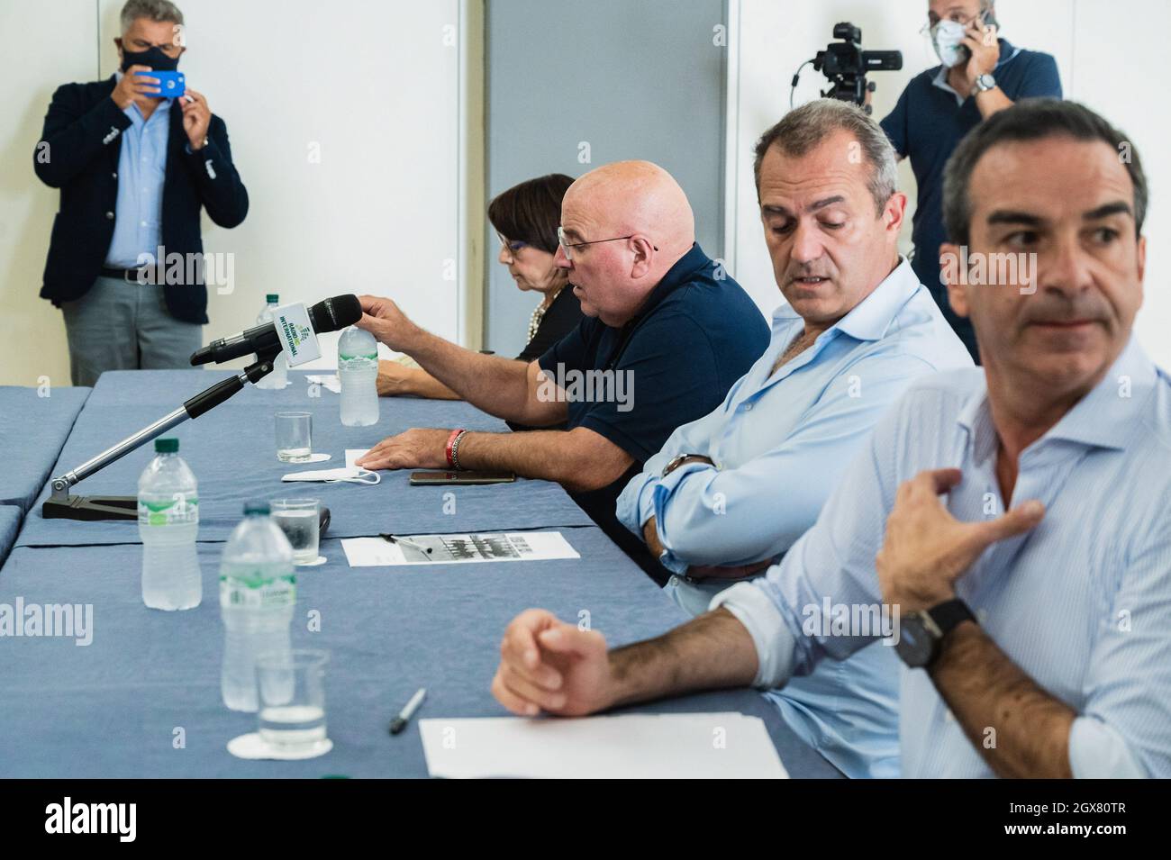 Lamezia Terme, Calabria, Italy. 20th Sep, 2021. Roberto Occhiuto (R), Luigi De Magistris (2nd R), Mario Oliverio (C) seen during the debate.Candidates for the position of regional governor, Amalia Bruni (PD; Democratic Party), Roberto Occhiuto (FI, Forza Italia), Mario Oliverio (independent candidate), Luigi De Magistris (independent candidate) met the general secretaries of Italian major unions, Angelo Sposato (Cgil), Tonino Russo (Cisl) and Santo Biondo (Uil), for discussing their approaches and solutions to the regionÃ-s main issues. (Credit Image: © Valeria Ferraro/SOPA Images via ZUM Stock Photo
