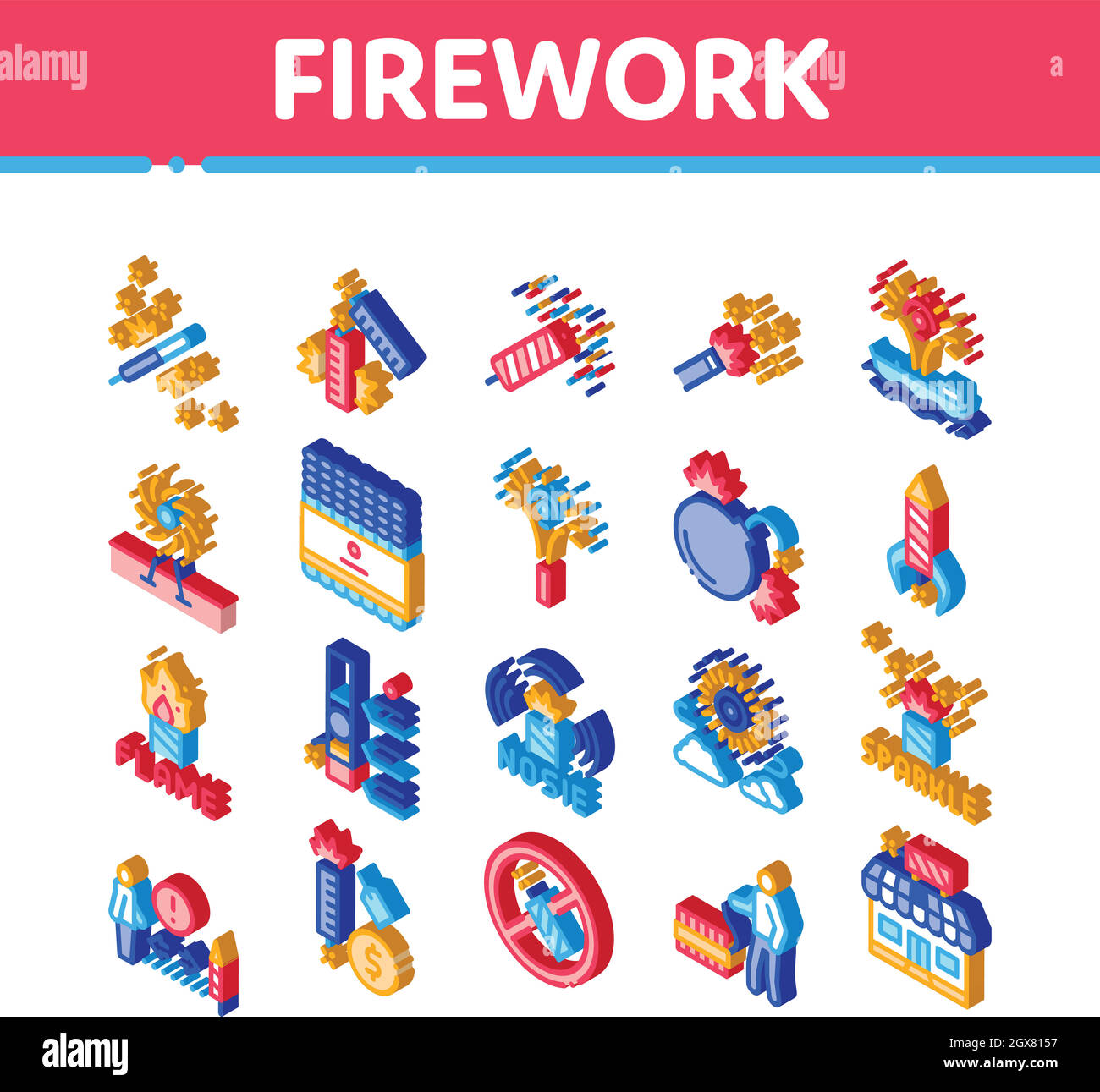 Firework Pyrotechnic Isometric Icons Set Vector Stock Vector