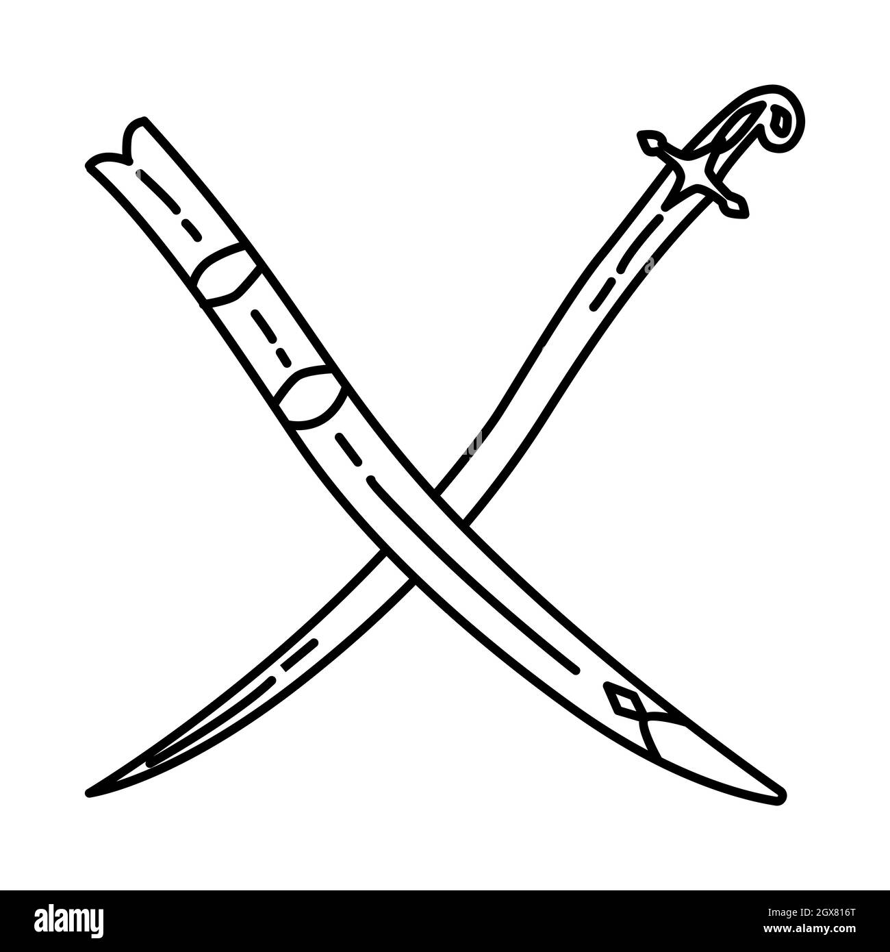 Islamic Turkish Shamshir Sword Part of Muslim historical objects Hand Drawn Icon Set Vector. Stock Vector