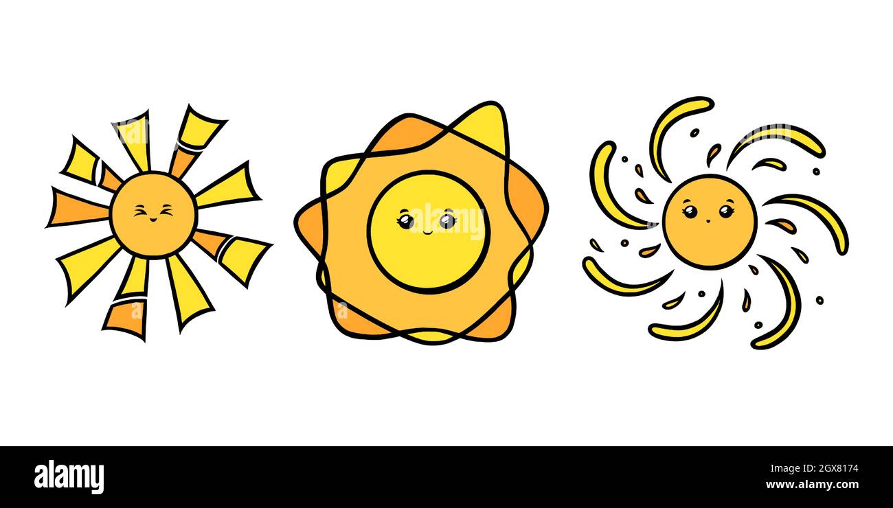 Funny suns with eyes and smiles. Yellow sun smiling faces in doodle style. Black and white vector illustration isolated in white background Stock Vector