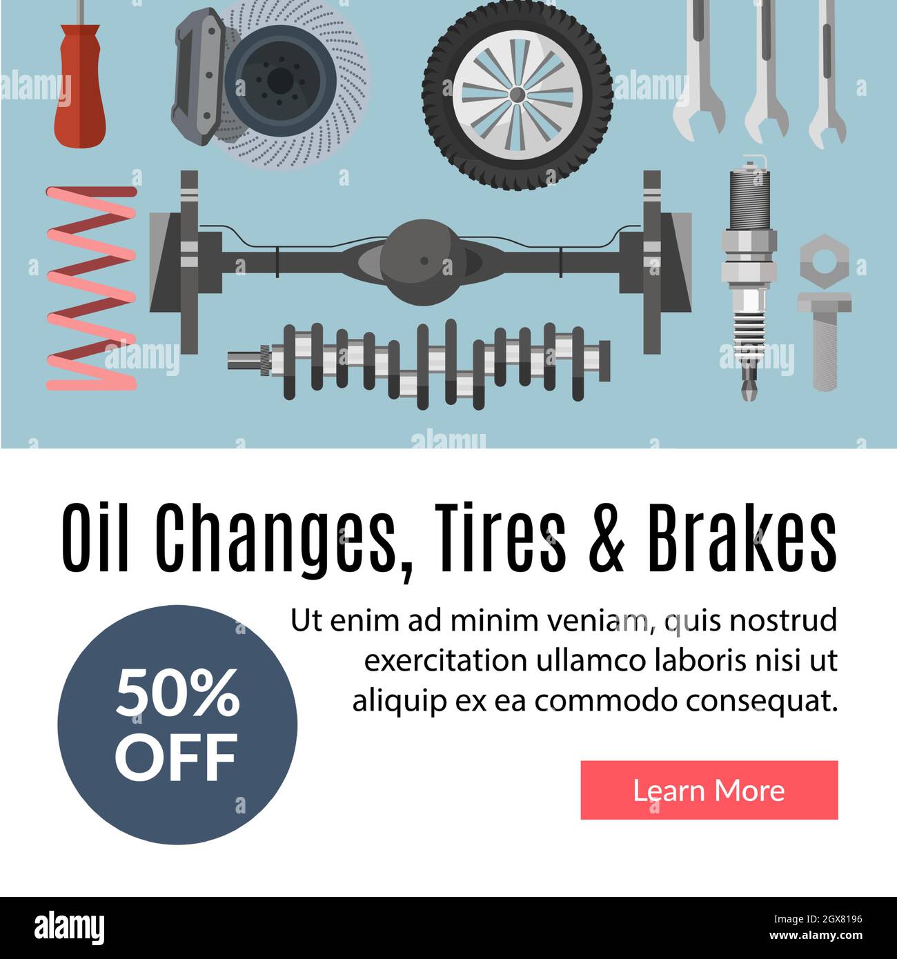 Oil change, tires and brakes 50 percent off vector Stock Vector Image