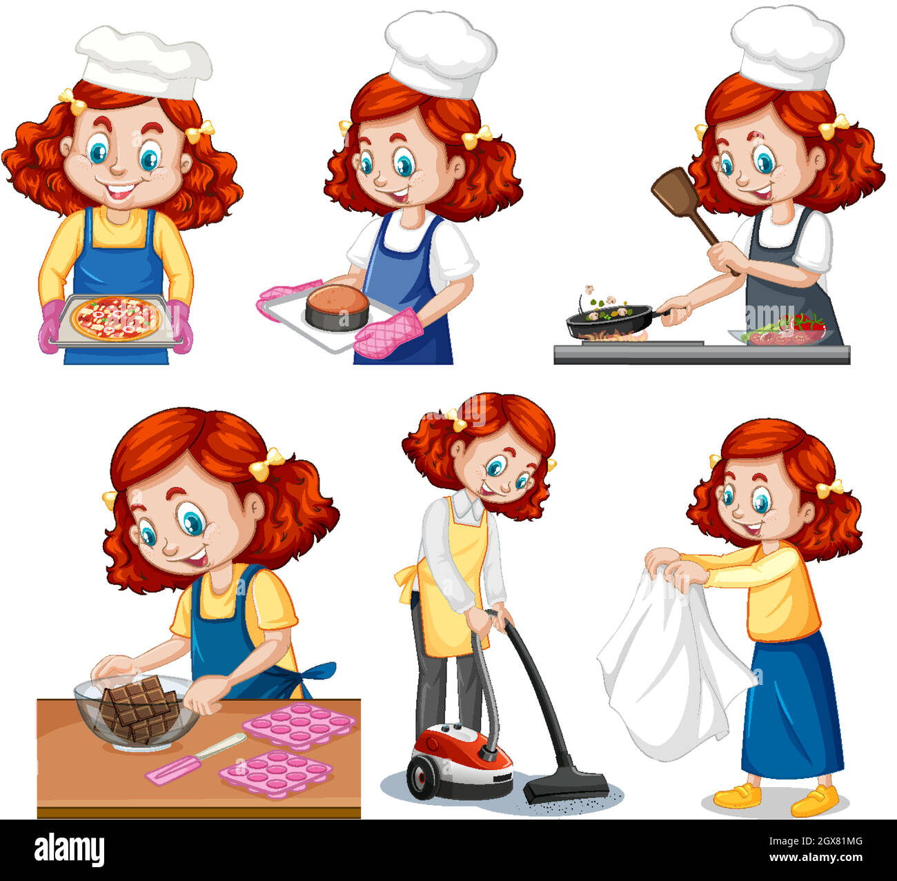 Set of a cute girl doing different activities Stock Vector