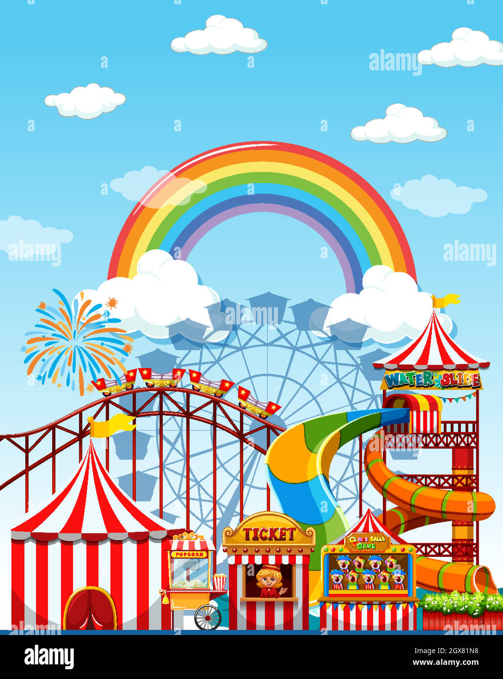 Amusement park scene at daytime with rainbow in the sky Stock Vector ...