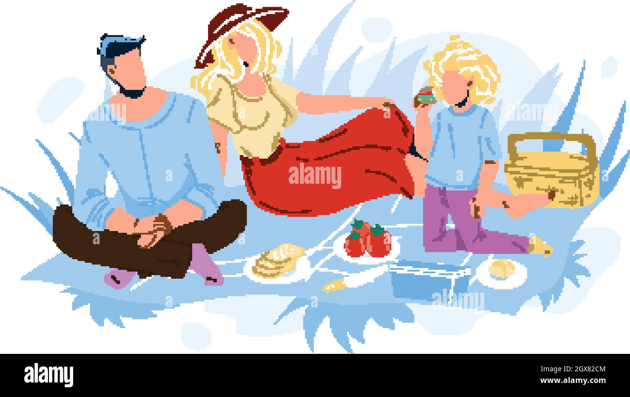 Family Picnic Man, Woman And Girl In Nature Vector Stock Vector