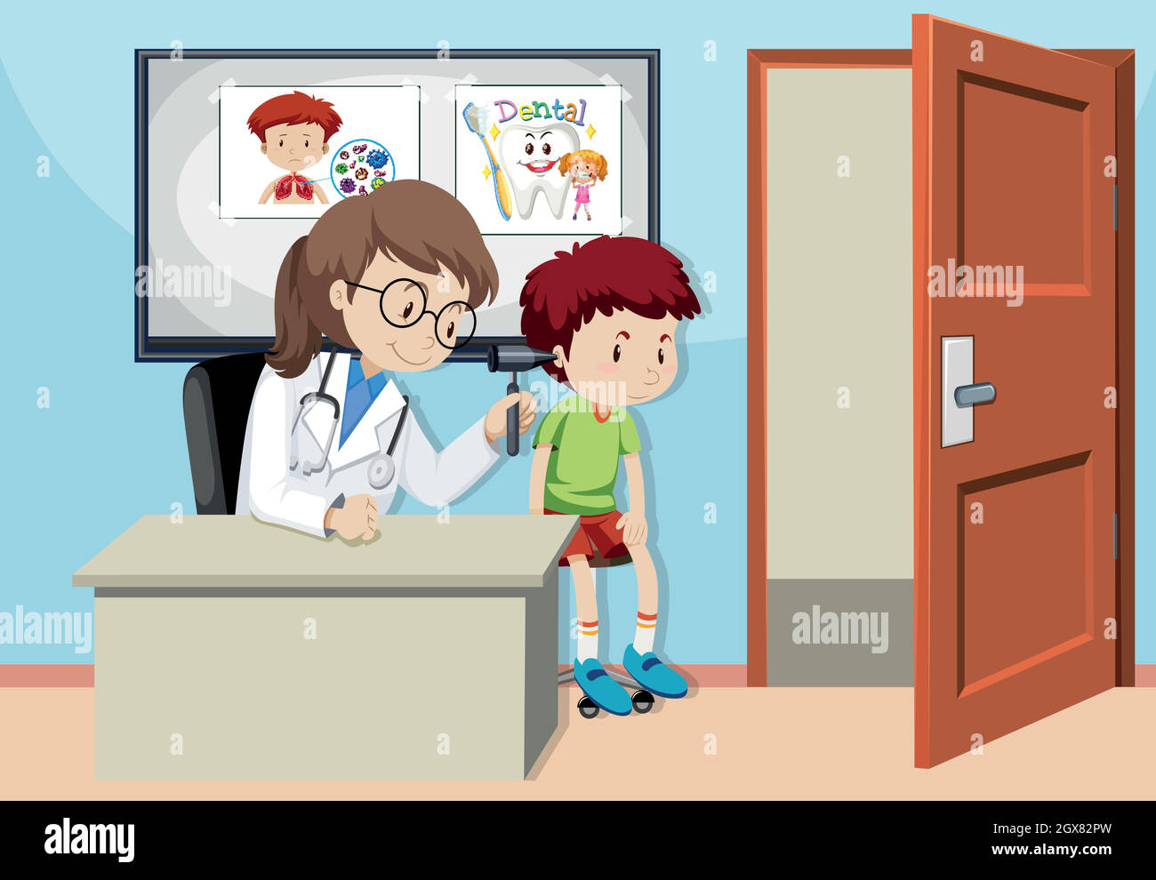 A Kids Checking Ear With Doctor Stock Vector