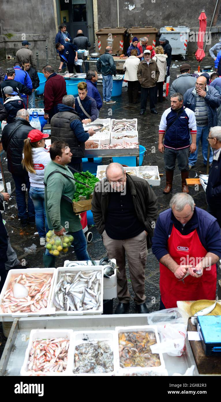The colorful morning fish market in Catania, Italy. Stock Photo