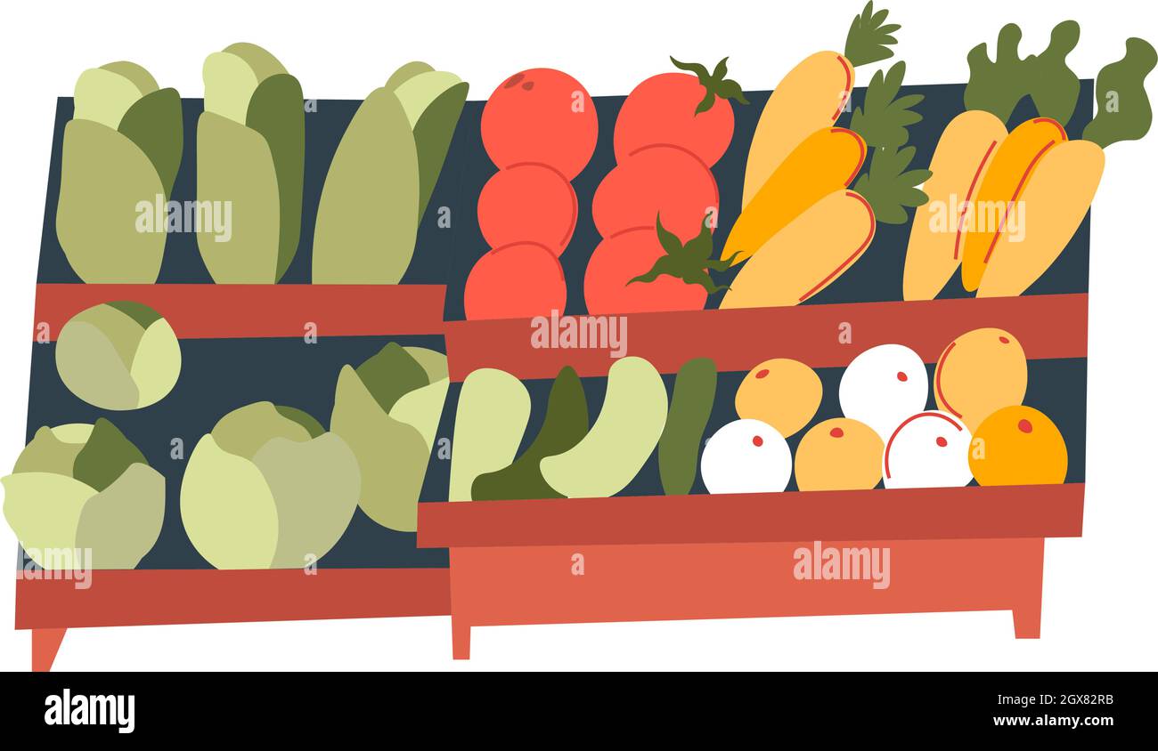 Market shelves with tomatoes and carrots vector Stock Vector