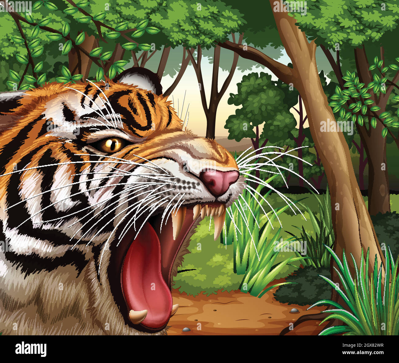 Tiger roaring in the jungle Stock Vector