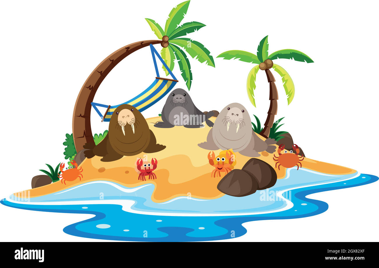 Walrus and crabs on island Stock Vector