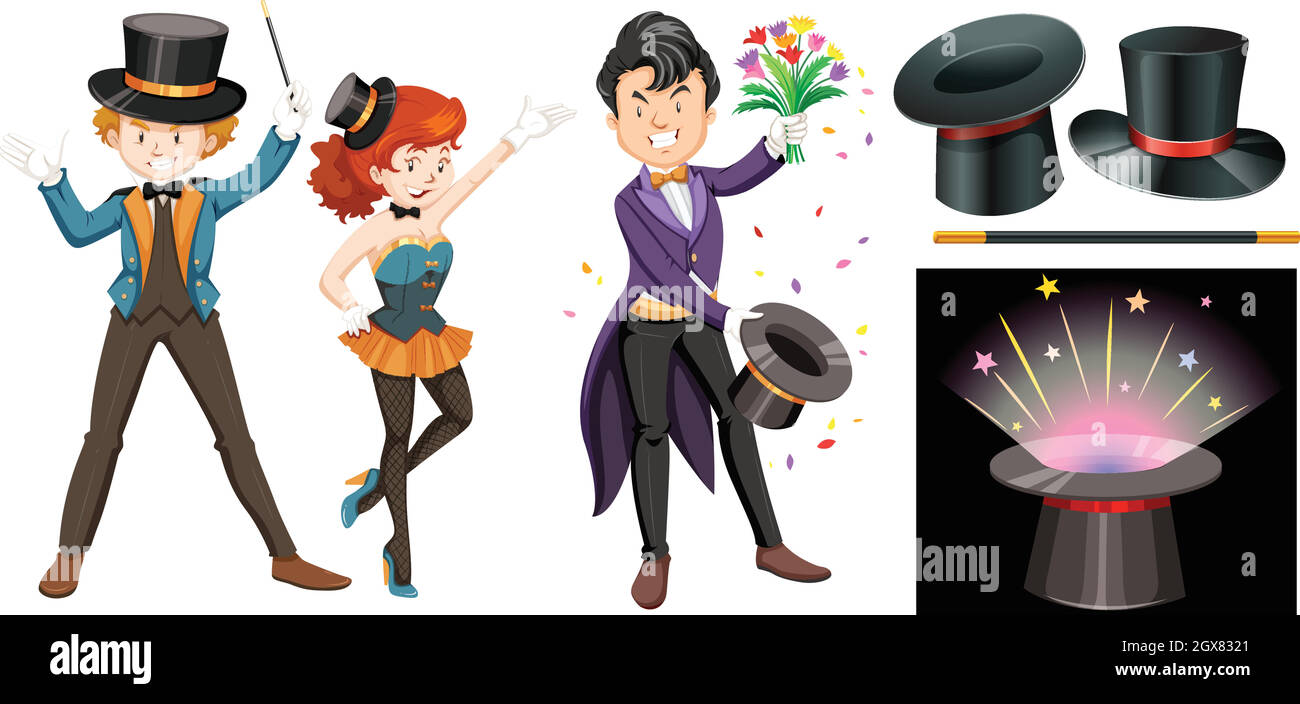 Magicians with magic wand and hat Stock Vector