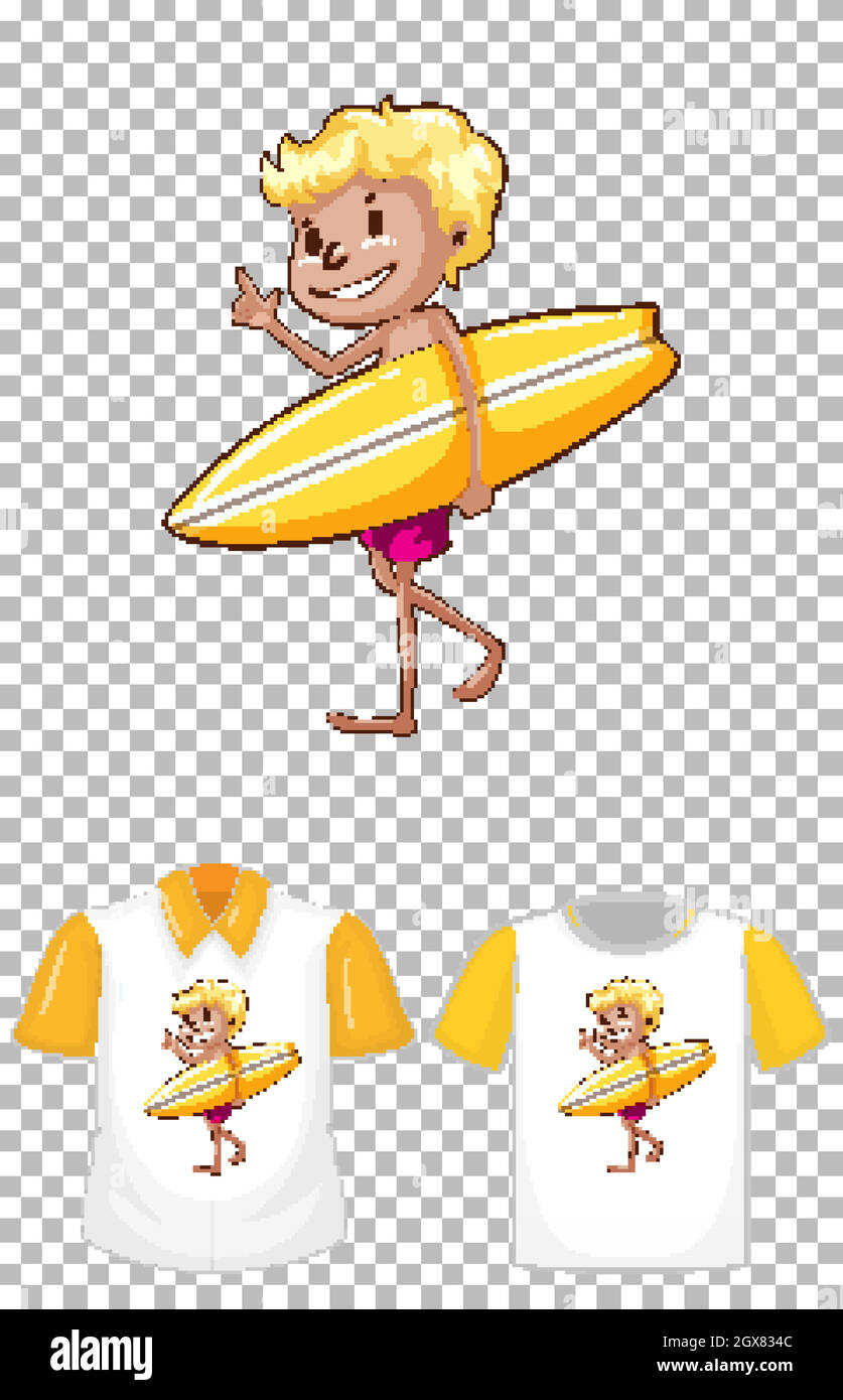Boy holding yellow surf board cartoon character with two types of ...