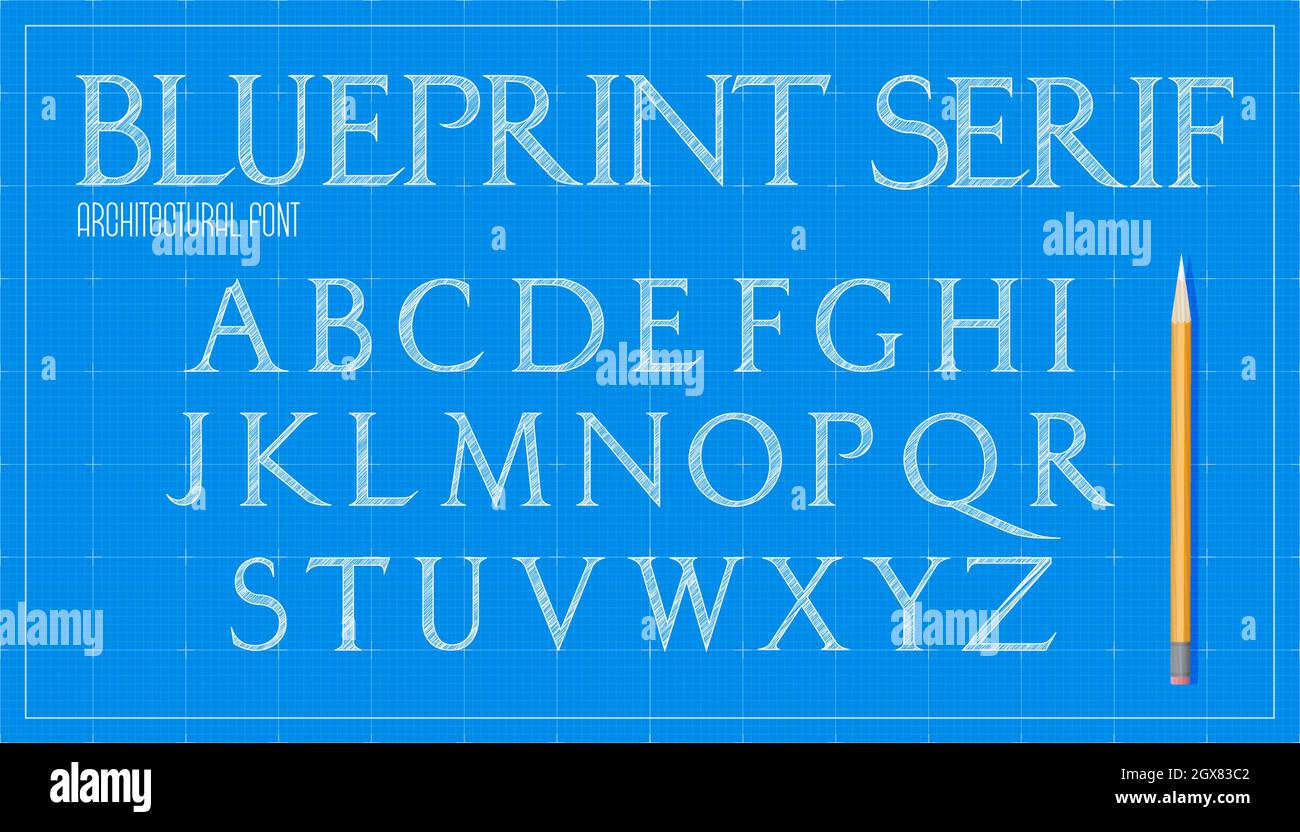 Blueprint architecture font. Capital serif letters alphabet. Sketch