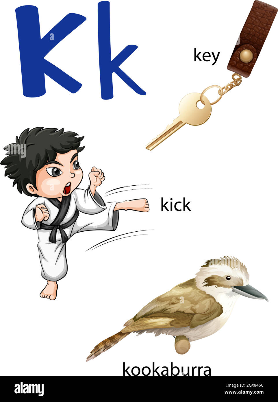 Letter K for key, kick and kookaburra Stock Vector