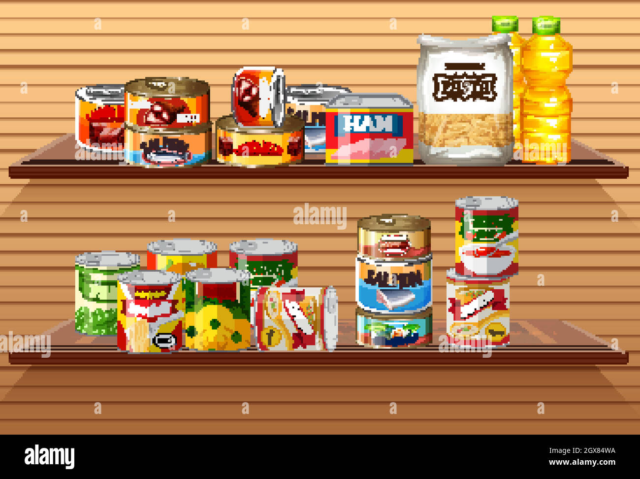 Many different canned foods or processed food on wall shelves Stock