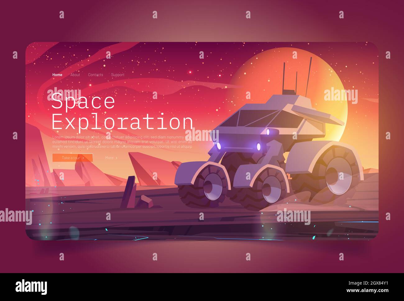 Space exploration banner with rover on alien planet surface. Vector ...