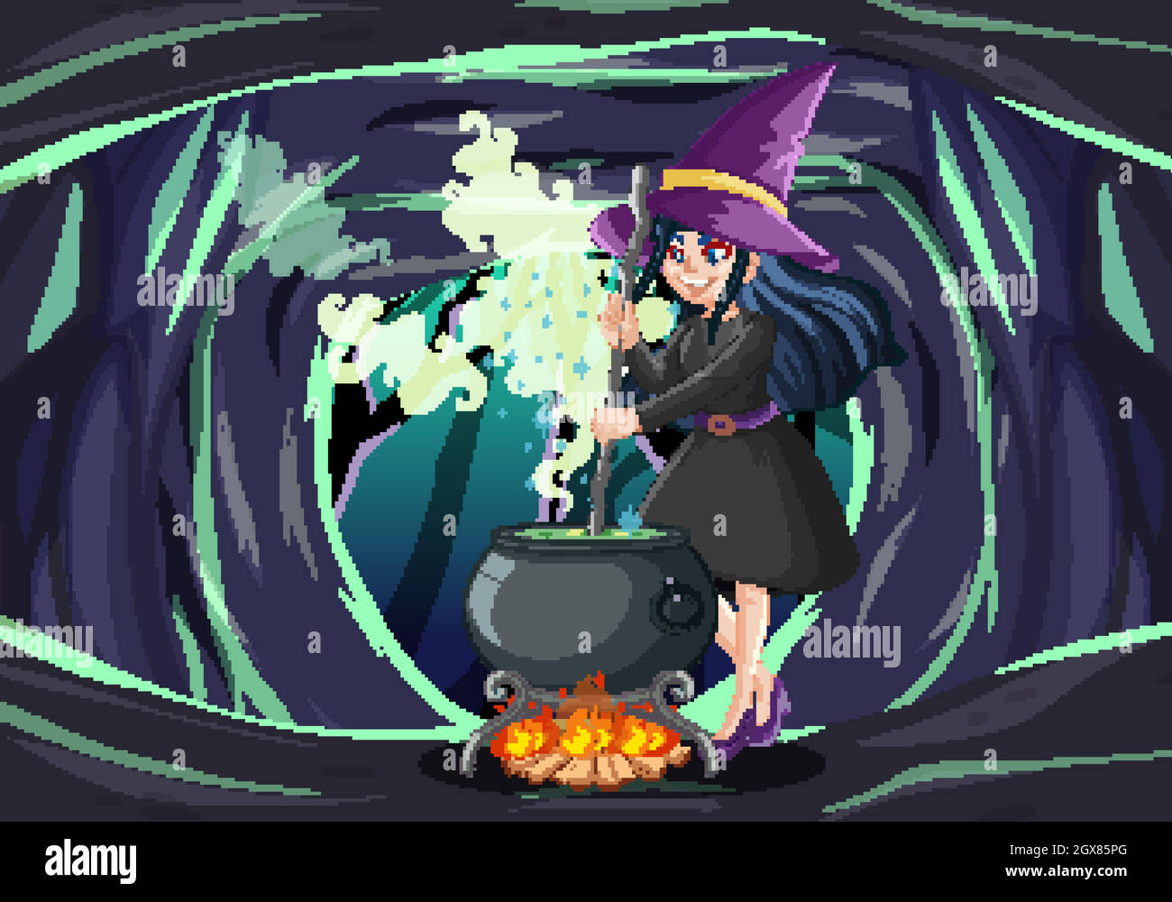 Wizard or witch with magic pot on dark cave background Stock Vector