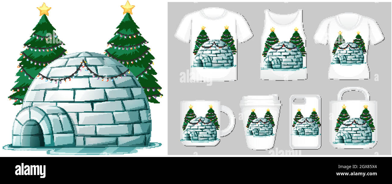 Christmas theme with igloo on many products Stock Vector
