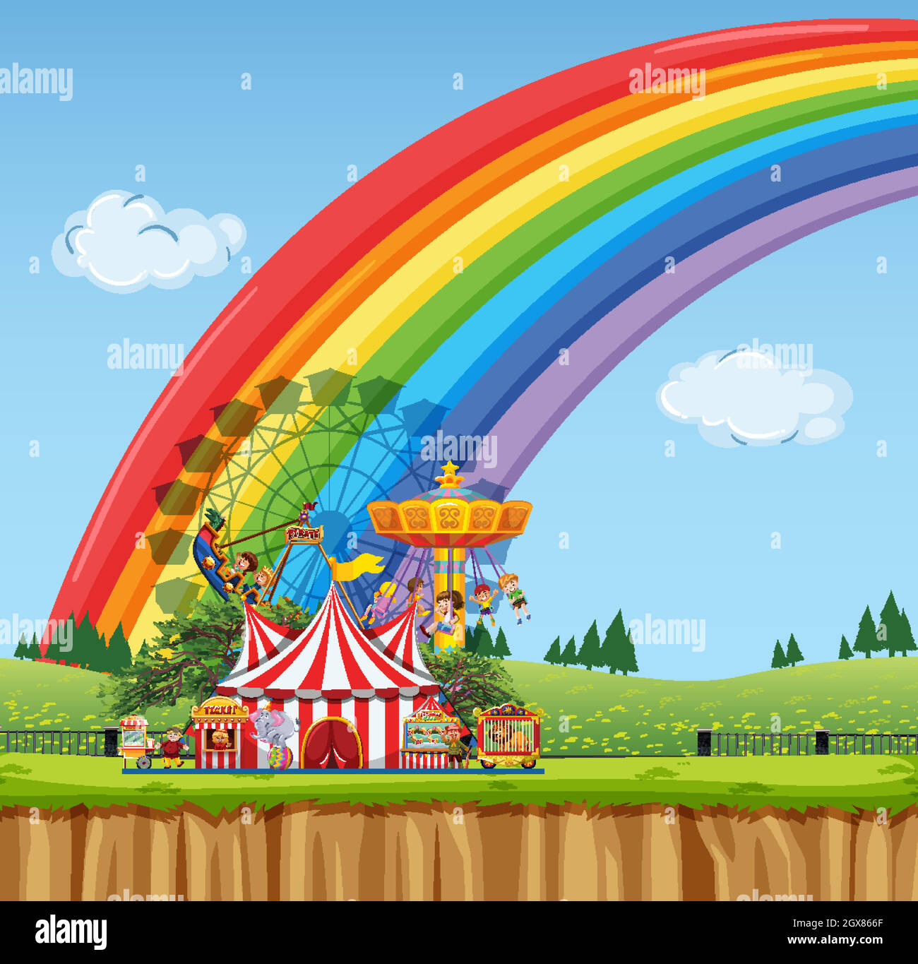 Circus scene with tent and many rides Stock Vector