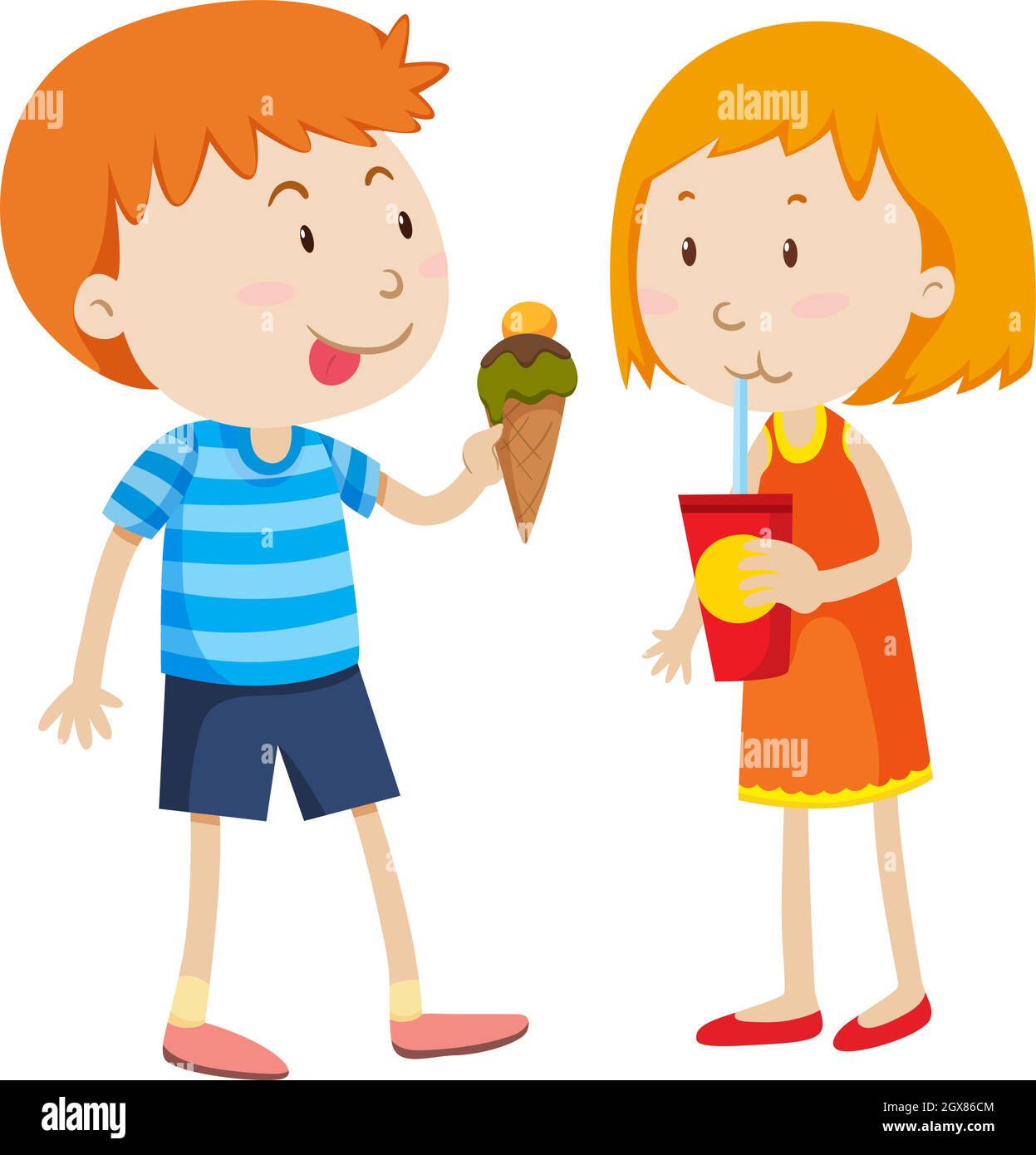 Boy eating icecream and girl drinking Stock Vector Image & Art Alamy