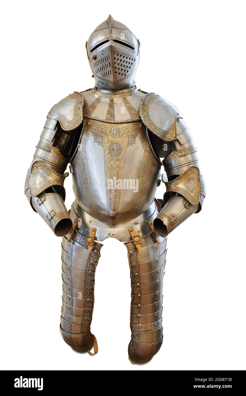 Old decorated knight armor suit front view isolated Stock Photo