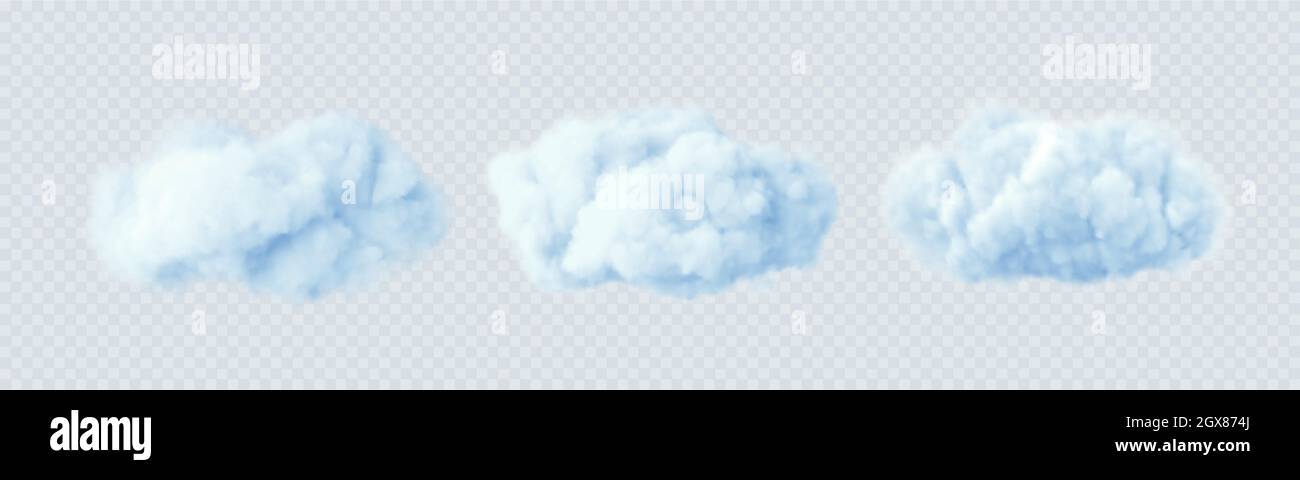 Blue clouds isolated on a transparent background. 3D realistic set of clouds. Real transparent effect. Vector illustration Stock Vector